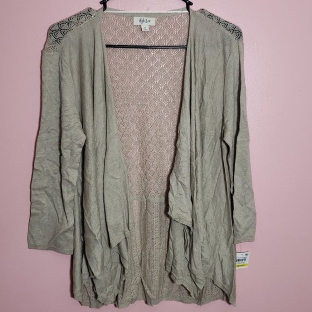 Style & Co Beige Draped Cardigan 3/4 Sleeve Pointelle Back Medium